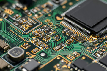 Detailed view of an electronic circuit board showcasing intricate pathways, soldered components, and integrated microchip connections for advanced technology applications