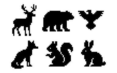 Obraz premium Pixel art animals: deer, bear, eagle, fox, squirrel, rabbit in silhouette style