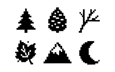 Obraz premium Pixel art nature set: pine tree, cone, branch, leaf, mountain, moon icons