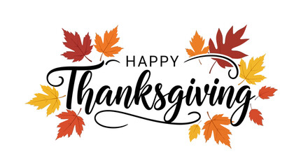 Naklejka premium Elegant Happy Thanksgiving Calligraphy with Autumn Leaves Decoration