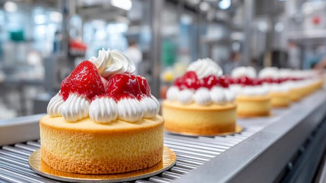 Miniature cheesecakes with whipped cream and fruit topping moving along a conveyor belt in a dessert factory.