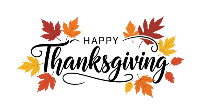 Elegant Happy Thanksgiving Calligraphy with Autumn Leaves Decoration