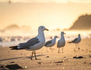 Four seagulls stand on a sandy beach at dawn, sunlit with golden hues and gentle waves