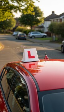 Red vehicle with a white l plate sign on its roof, indicating a student driver on a driving lesson, preparing for gaining a license on a residential street
