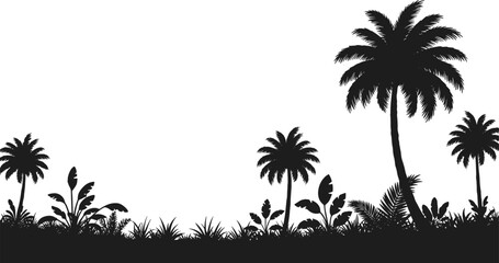WebTropical palm tree forest silhouette vector illustration, exotic jungle landscape background with plants and grass, summer paradise nature design for travel artwork. © MdMojibar