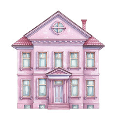 Fototapeta premium Pastel Pink Victorian Style House With White Windows And Red Roof Detailed Exterior Architecture