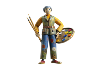Artist figurine holding paintbrushes and palette with colorful paint splatters, isolated on a transparent background
