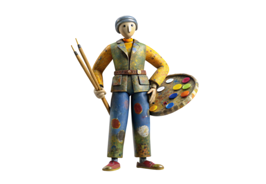 Artist figurine holding paintbrushes and palette with colorful paint splatters, isolated on a transparent background