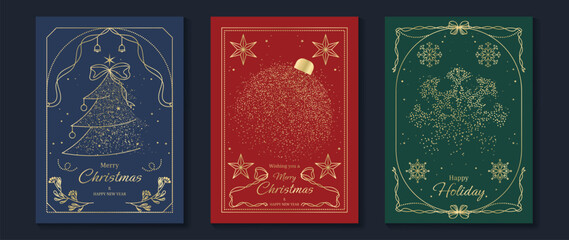 Fototapeta na wymiar Christmas and Happy New Year greeting card vector set — navy, red and green metallic Christmas frames with glitter tree, ornament and snowflake elements, festive theme for cards, posters and