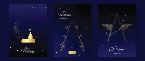 Christmas and Happy New Year greeting card vector set — navy blue and gold tree, candle and star elements, classic elegant theme for cards, posters and print use.