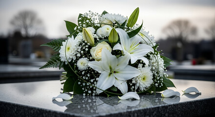 White funeral bouquet with lilies and roses on gravestone  
