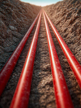 Four red utility conduits laid in parallel deep trenches for underground cable or pipe installation captured during bright daylight on rough soil surface