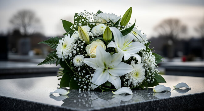 White funeral bouquet with lilies and roses on gravestone  
