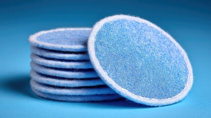 Close up of a stack of round blue reusable cotton pads with white edges against a plain blue background