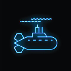 Neon submarine sailing underwater leaving wavy trail on its surface on a black background
