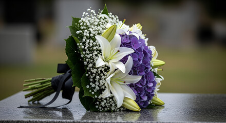 Bouquets of white lilies and purple hydrangeas on gravestone  