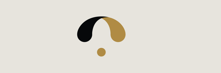 Abstract design with black and gold teardrop shapes and a small circle on a beige background shown centered