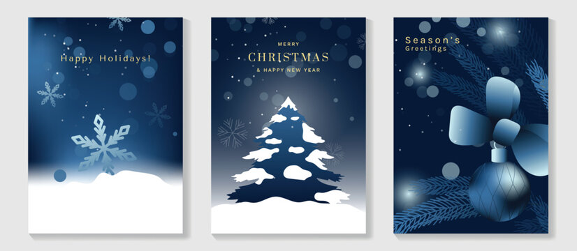 Christmas and Happy New Year greeting card vector set &mdash; dark blue winter forest with snowflakes and glowing lights, peaceful night theme for cards, posters and prints.