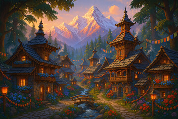 Magical Himalayan Riverside Village with Wooden Cottages and Festival Lights – Fairytale Fantasy Art