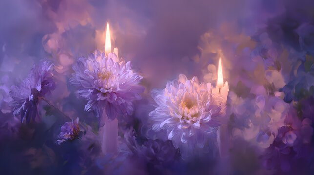 An enchanting and soothing background with soft purple hues, featuring candles and chrysanthemums, calming atmosphere, background for all saints’ day, all souls’ day.
