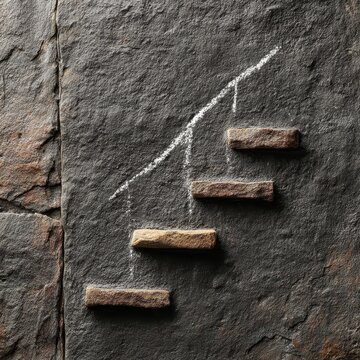 Close up abstract view of a textured dark stone wall with a chalk drawn upward line and four small rectangular stone steps representing a path of progress and achievement.