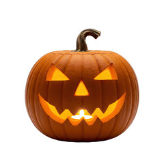 Naklejka premium A Glowing Jackolantern Halloween Pumpkin With a Carved Scary Face and Candle Light Inside on a Black Background with a Transparent Background Layer