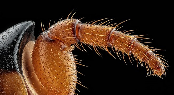 Detailed macro photograph capturing the complex, segmented structure of an arthropod limb, highlighting joints, hairs, and microscopic textural elements ,biology ,science ,wildlife