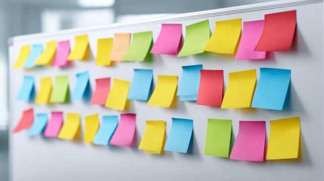 A white board filled with vibrant sticky notes in various colors brings life to the workspace. This creative setup invites collaboration and idea sharing among team members