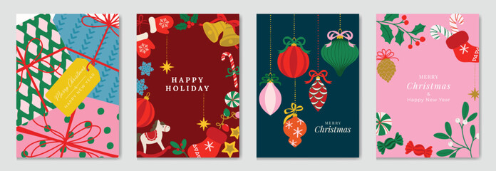Fototapeta na wymiar Christmas and Happy New Year greeting card vector set — colorful ornaments, berries and festive decorations with playful layout, festive theme for cards, posters and packaging.