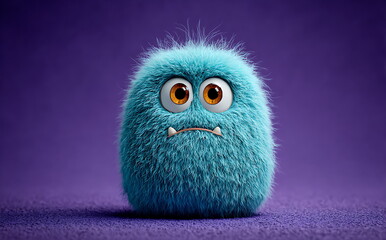 3d render of a cute blue monster character with big eyes on a purple background