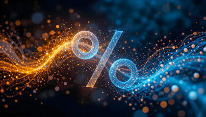Abstract background with glowing lights and percentage symbol