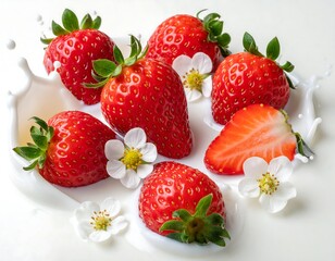 Fresh, vibrant strawberries with blossoms and a creamy milk splash against a clean white backdrop