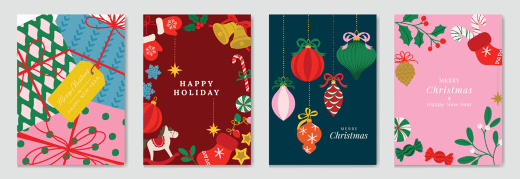 Christmas and Happy New Year greeting card vector set — colorful ornaments, berries and festive decorations with playful layout, festive theme for cards, posters and packaging.