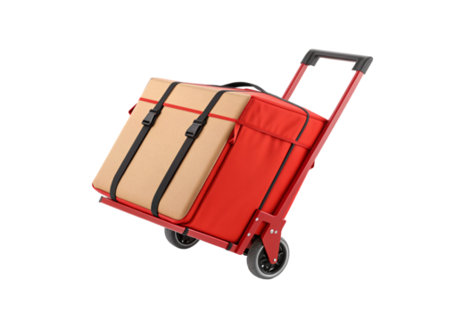 Red folding cart carrying strapped cardboard box, isolated on a transparent background - Powered by Adobe
