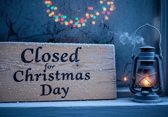 Closed for christmas day sign with lantern and lights on window
