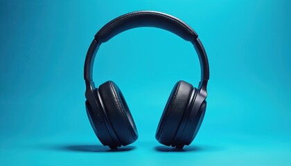 Minimalist close-up photo of black wireless over ear headphones on vibrant blue background. These premium audio devices offer comfort and excellent sound quality for music lovers and gamers.