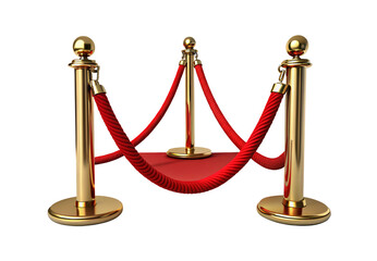 Three gold posts with red carpet and rope barriers, isolated on a transparent background