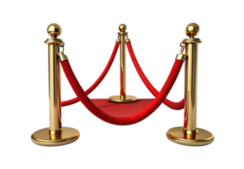 Three gold posts with red carpet and rope barriers, isolated on a transparent background