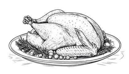 Detailed Sketch of a Roasted Turkey on a Platter.