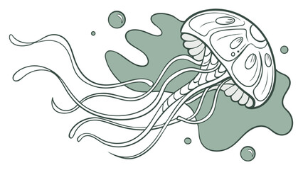 Stylized jellyfish with long tentacles floating near bubbles and a splash of muted green color vreated with genrated ai