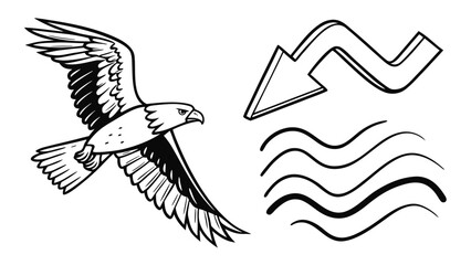 Illustration of a flying eagle with spread wings next to a wavy arrow and curved lines art vreated with genrated ai