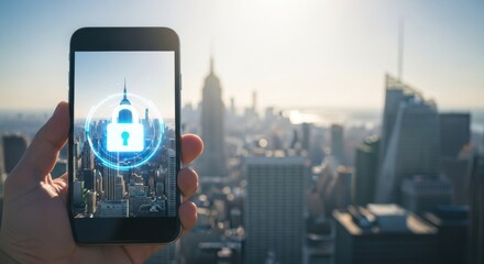 Hand of caucasian man holding modern smartphone displaying digital lock icon over cityscape. Concept of cyber security, data protection.
