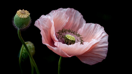A pink poppy flower with its center and bud on a black background