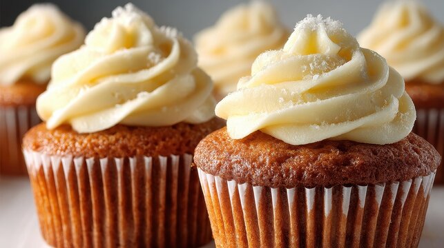 Close up of delicious vanilla cupcakes topped with smooth creamy frosting and a dusting of white sprinkles. Baked in white cupcake liners, these treats are perfect for celebrations.