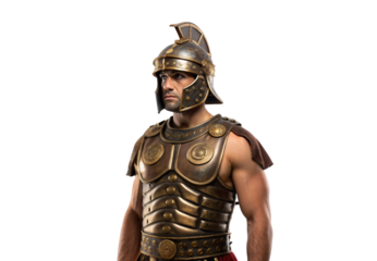 Roman warrior in bronze helmet and muscular armor looking forward, isolated on a transparent background