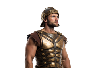 Roman soldier in bronze armor and helmet gazing upward, isolated on a transparent background