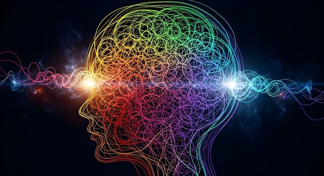 Neurodiversity concept as a vibrant abstract background of colorful, tangled threads of light forming a complex and unique pattern.