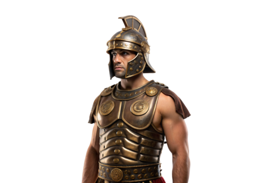 Roman warrior in bronze helmet and muscular armor looking forward, isolated on a transparent background