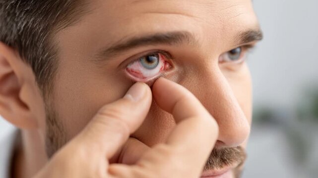 Close-up of a man experiencing eye irritation, with visibly red and inflamed conjunctiva, as he gently pulls down his lower eyelid for inspection.