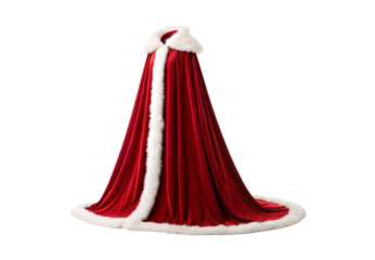 Red velvet cape with white fur trim resembling Santa costume, isolated on a transparent background